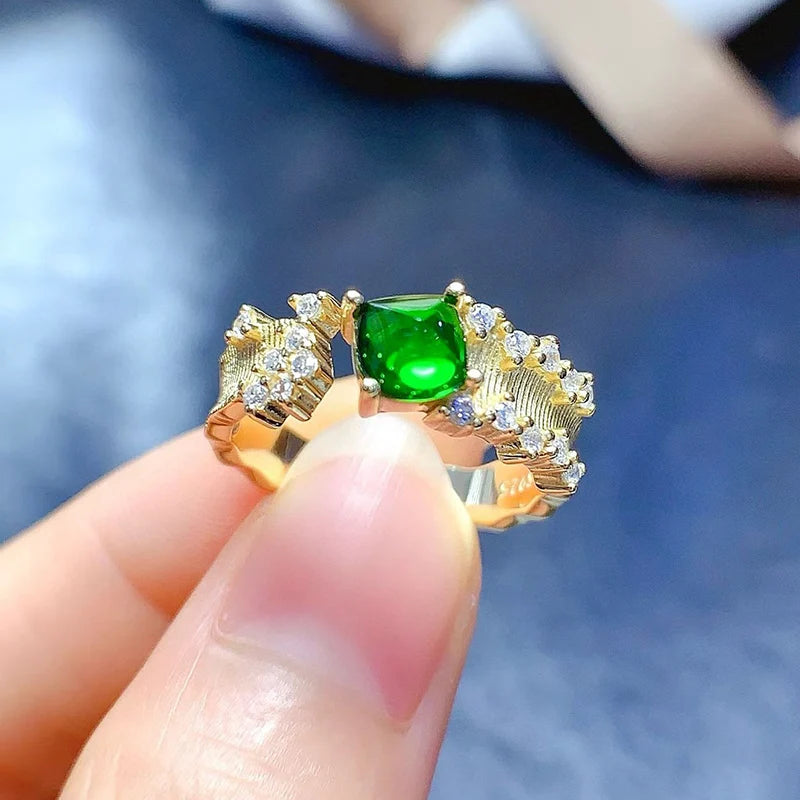 Gioiellieri Square Natural Diopside Gemstone 925 Silver Adjustable Engagement Rings Jewelry Minimalist Women Daily Wear