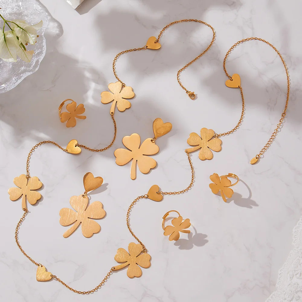 Lucky Four-Leaf Clover Sweater Chain Necklace, Earrings & Ring | Gold Plated Stainless Steel Jewellery Set