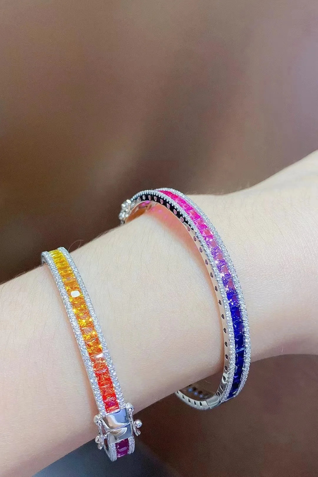 Gemfiori Anster Factory Price Trendy Princess Tennis Bracelet S925 Silver Hand Chain with Colored Sapphire Gemstones Fashion Bracelet