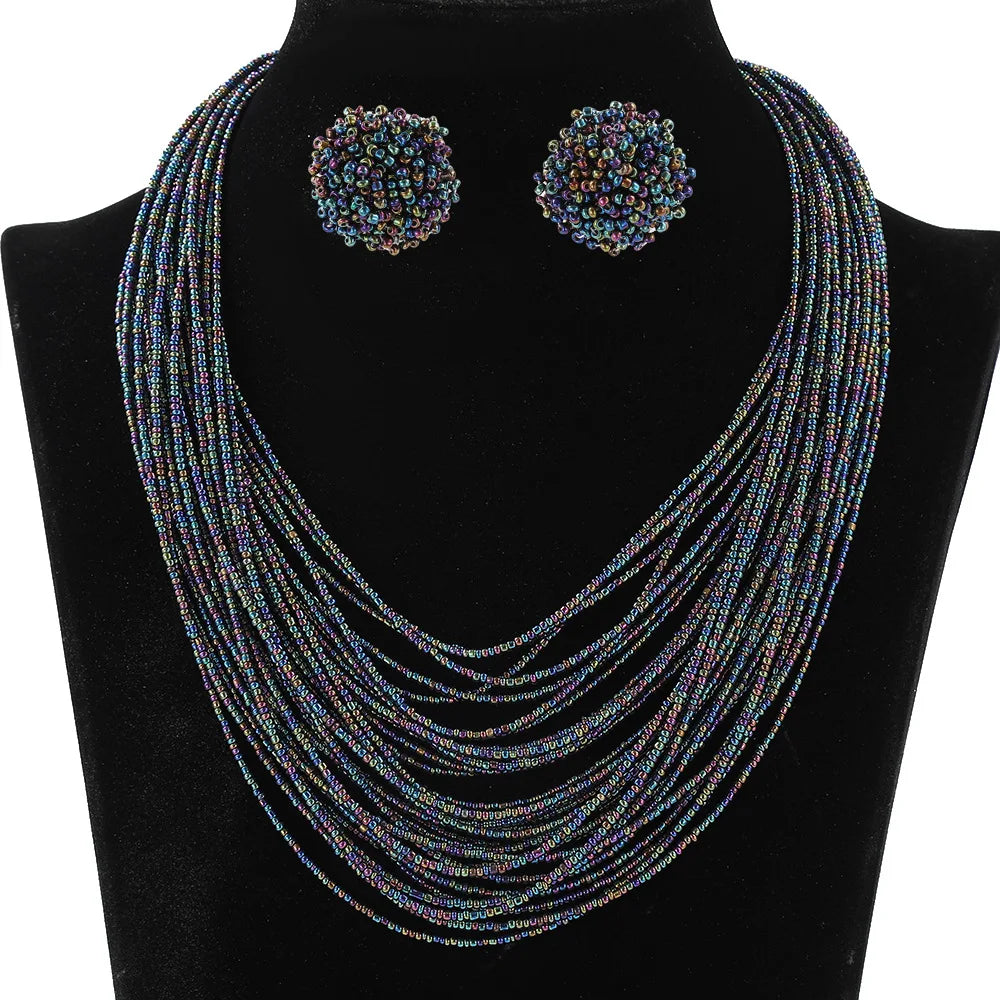 Bohemian Multi-Layer Rice Bead Necklace & Earrings Set | Retro Ethnic Style Glass Bead Jewellery | 9 Colours