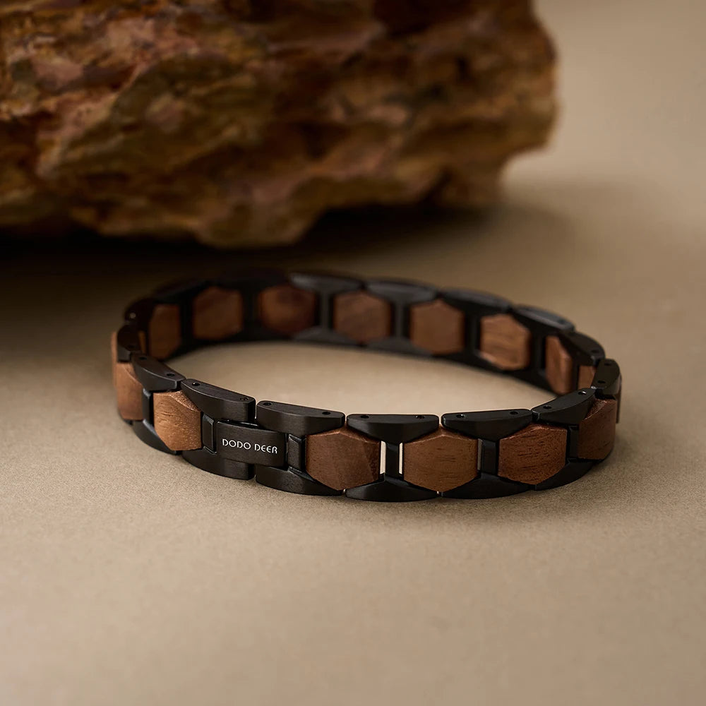 REBEL Handmade Custom Logo REBEL Unisex Skeleton Shape Walnut Wood Black Gun Plated Casual/Sporty Wrist Band Bangle