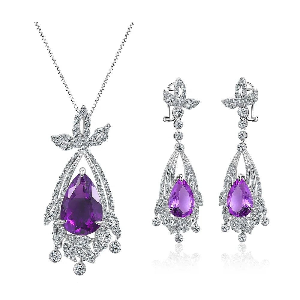 ArtistA ZL0065 Abiding Exquisite Luxury 925 Sterling Silver Big Size Amethyst 2 Pieces Ladies Wedding Cz Jewellery Sets