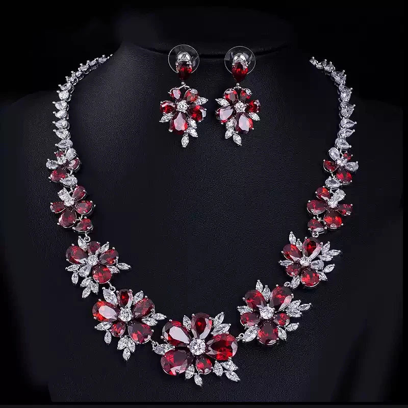 XM S307 Brass Silver Plated Red Zircon Floral Statement Necklace and Drop Earrings Jewelry Set for Women Wedding