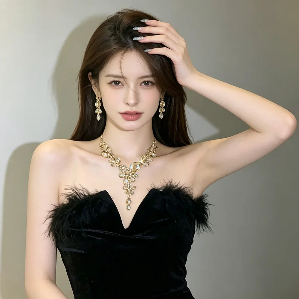 XM S385 Gold Plated Marquise Cut Champagne Zircon Floral Teardrop Pendant Necklace & Drop Earrings Set