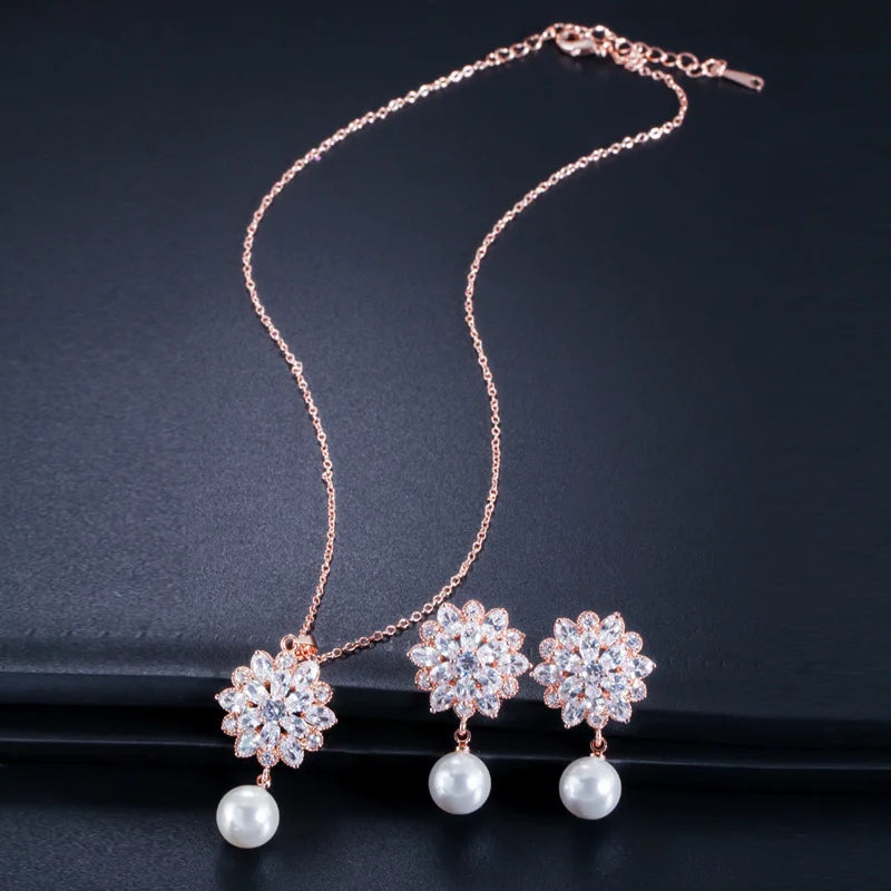 Brilliant Cubic Zirconia Stone Trendy Flower Pearl Jewelry Sets High Quality Dangle Earring and Necklace for Women Engagement