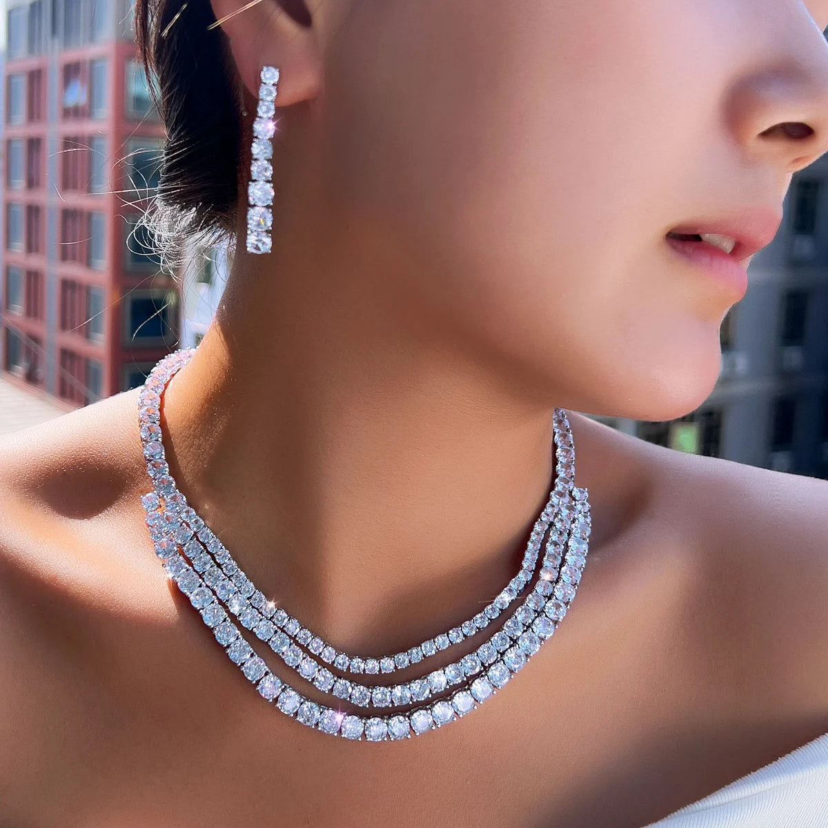 Stunning Round White Cubic Zirconia Tennis Necklace and Earrings Multi Layer Luxury Wedding Bridal Chunky Jewelry Sets for Women