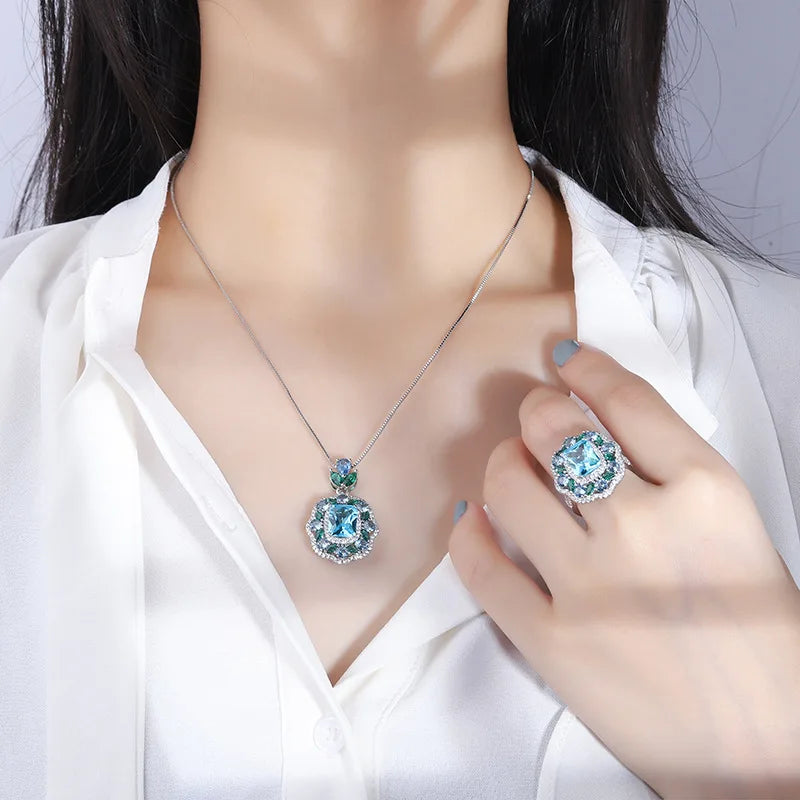 Gemfiori European and American Retro Jewelry Pendant Ring Set Jewelry clear Blue Zircon Fashionable High-end Ring