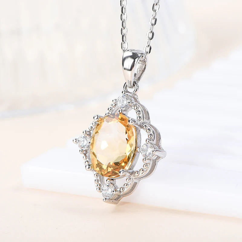 Gioiellieri Fine Jewelry Rhodium Plated 925 Silver Pendant Necklace for Women with Natural Citrine