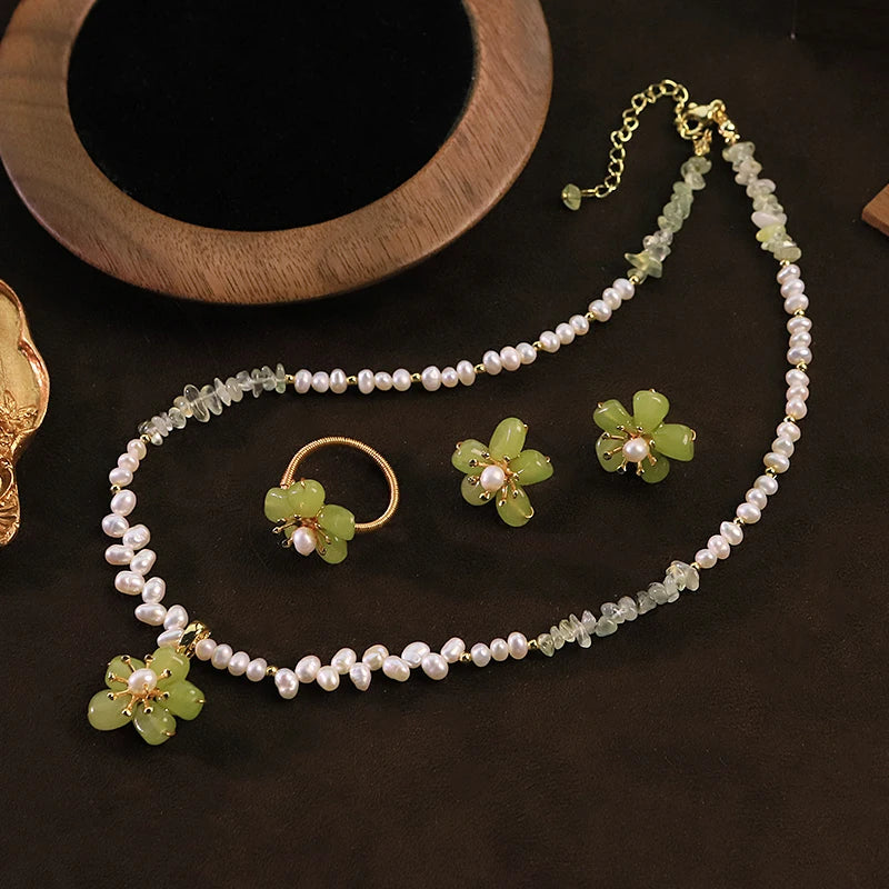 GLSEEVO Natural Freshwater Pearl & Green Jade Flower Jewellery Set — Necklace, Earrings & Ring