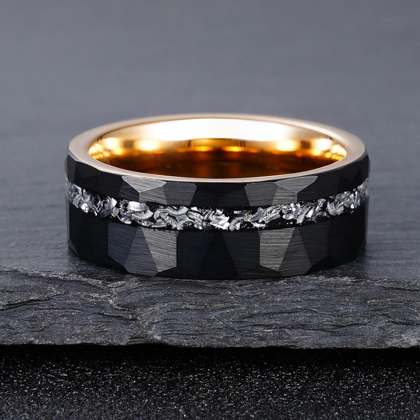 Tungsten Carbide Ring 8mm Black Brushed Geometric Pattern with Gold Inner Rim Scratch-Resistant Iron Shavings Men's Wedding Ring