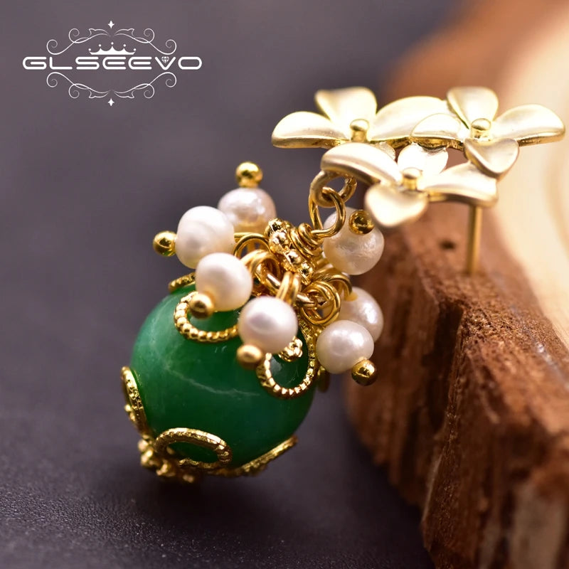 Natural Green Jade Drop for Wife Mother Women Luxury Gift Fresh Water Pearl Jewellery Earrings Bulk