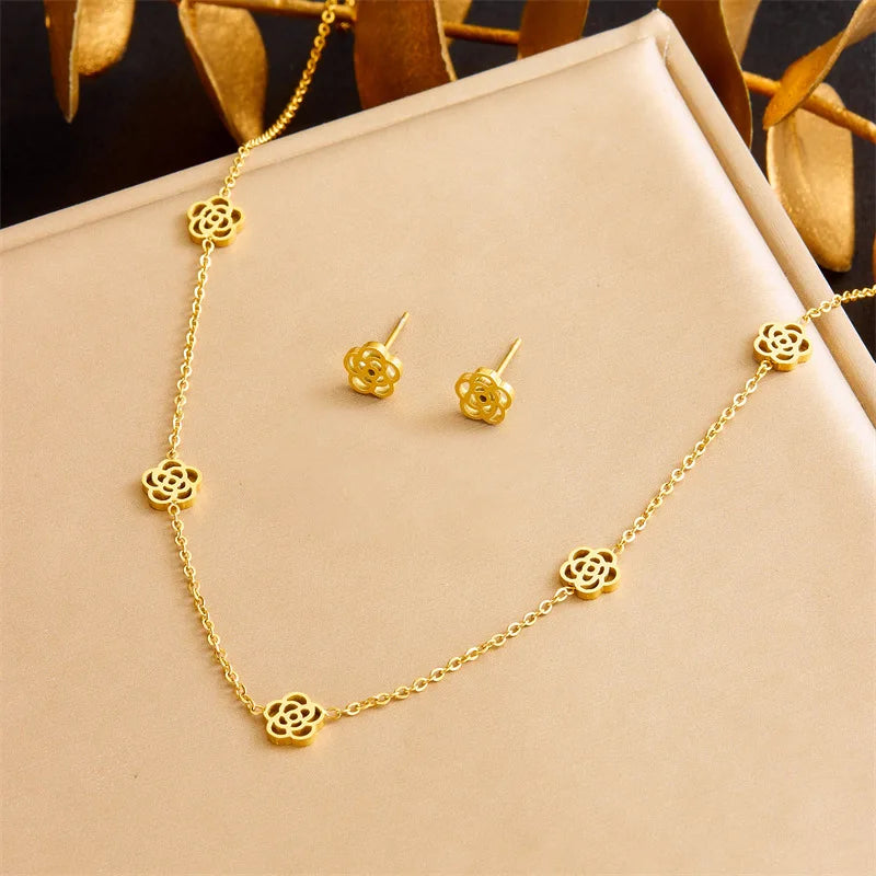 Gold Rose Flower Necklace, Earrings & Bracelet Jewellery Set | Romantic Luxury Set