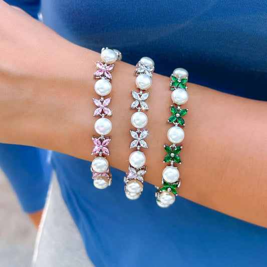 S&S CZ Flower & Leaf Chain Link Bracelet – Pink, Green & White – Collection