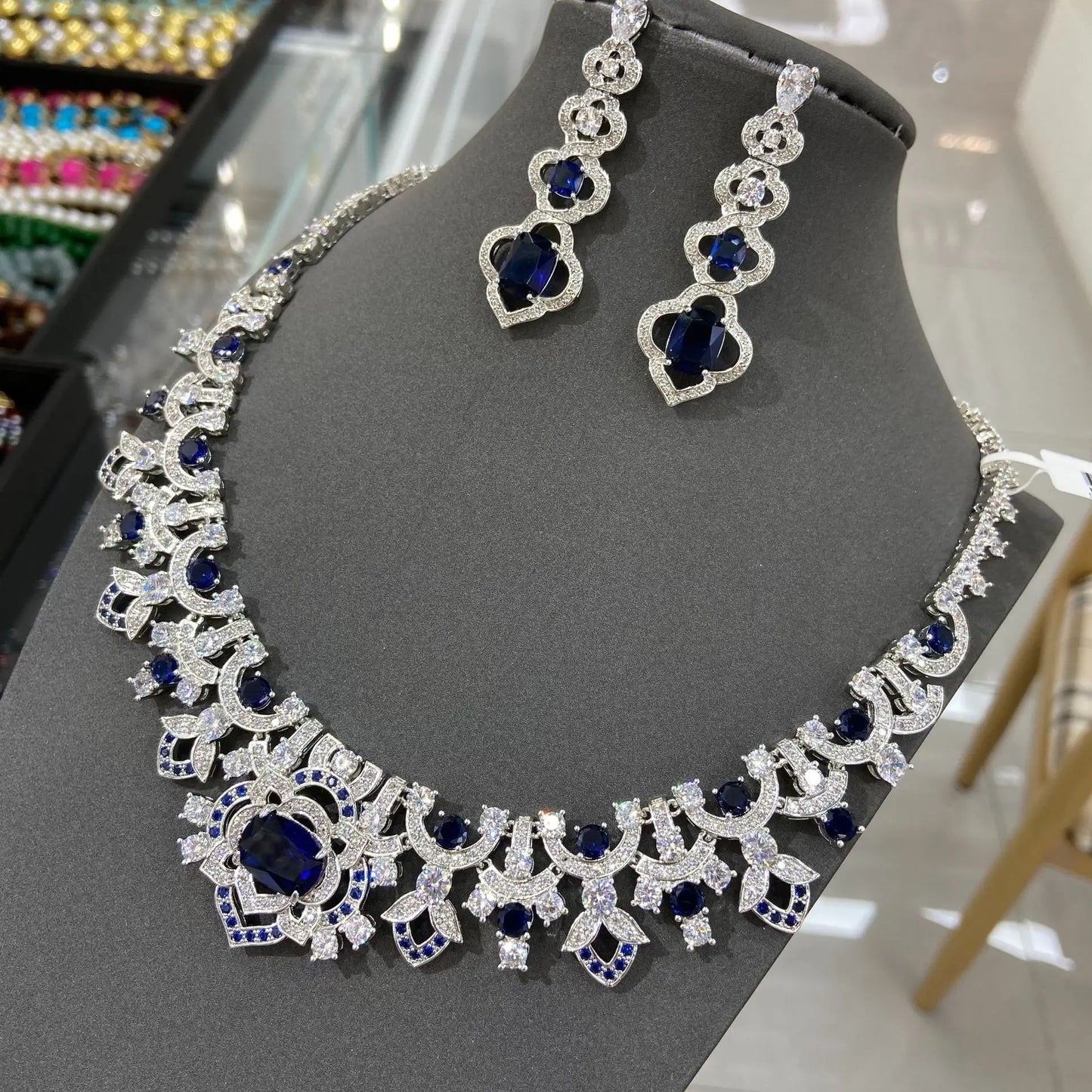 Luxury Blue Zirconia Vintage Flower Statement Necklace & Drop Earrings Set — Rhodium Plated