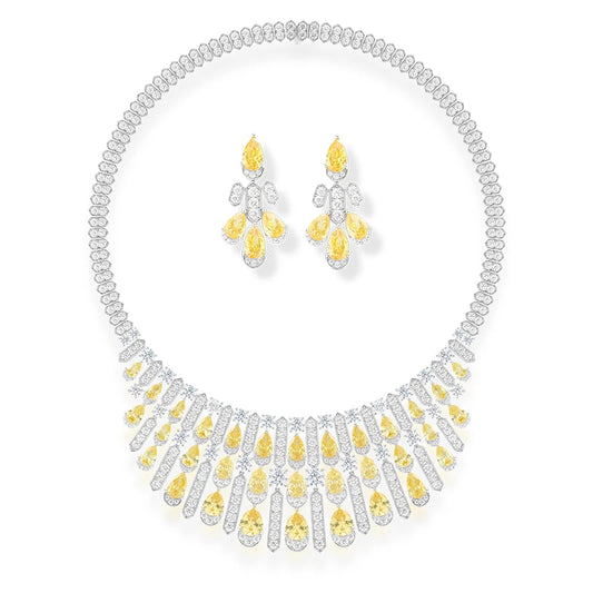 Bridal Luxury Pear Cut Yellow Zirconia Necklace Earrings 2-piece Set High Quality Brass Jewelry Anniversary Gift