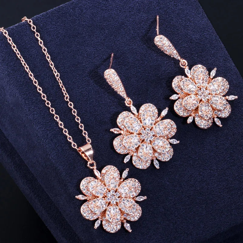 High Quality 3D Design Chic CZ Zirconia Crystal Rose Gold Color Flower Drop Earrings and Necklace Women Engagement Jewelry Sets