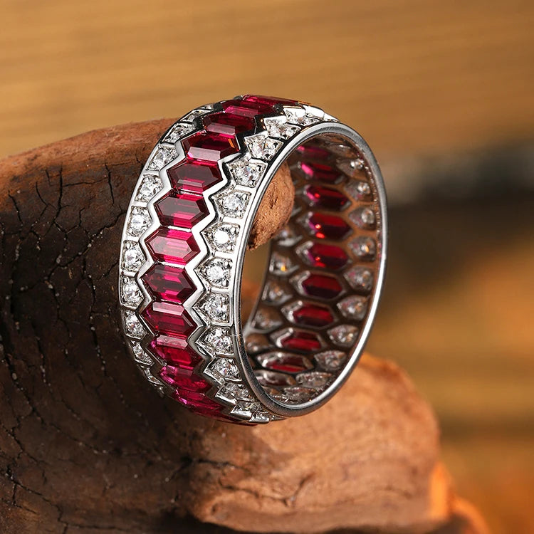 Gemfiori 925 Sterling Silver Jewelry Faux Diamond Eternity Rings Men's Lab Created Rubies Engagement Rings for Women