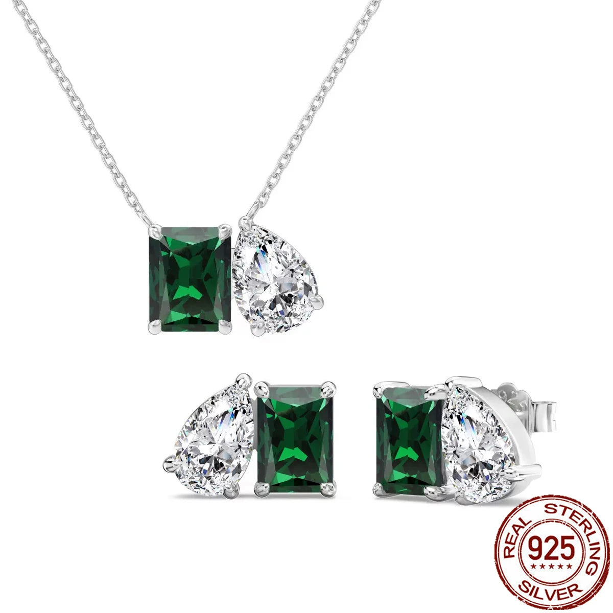 Fashion CZ 925 Sterling Silver Jewelry Set Green Baguette Drop Zircon Pendant Necklace Jewelry Set for Women Girls Daily Wear