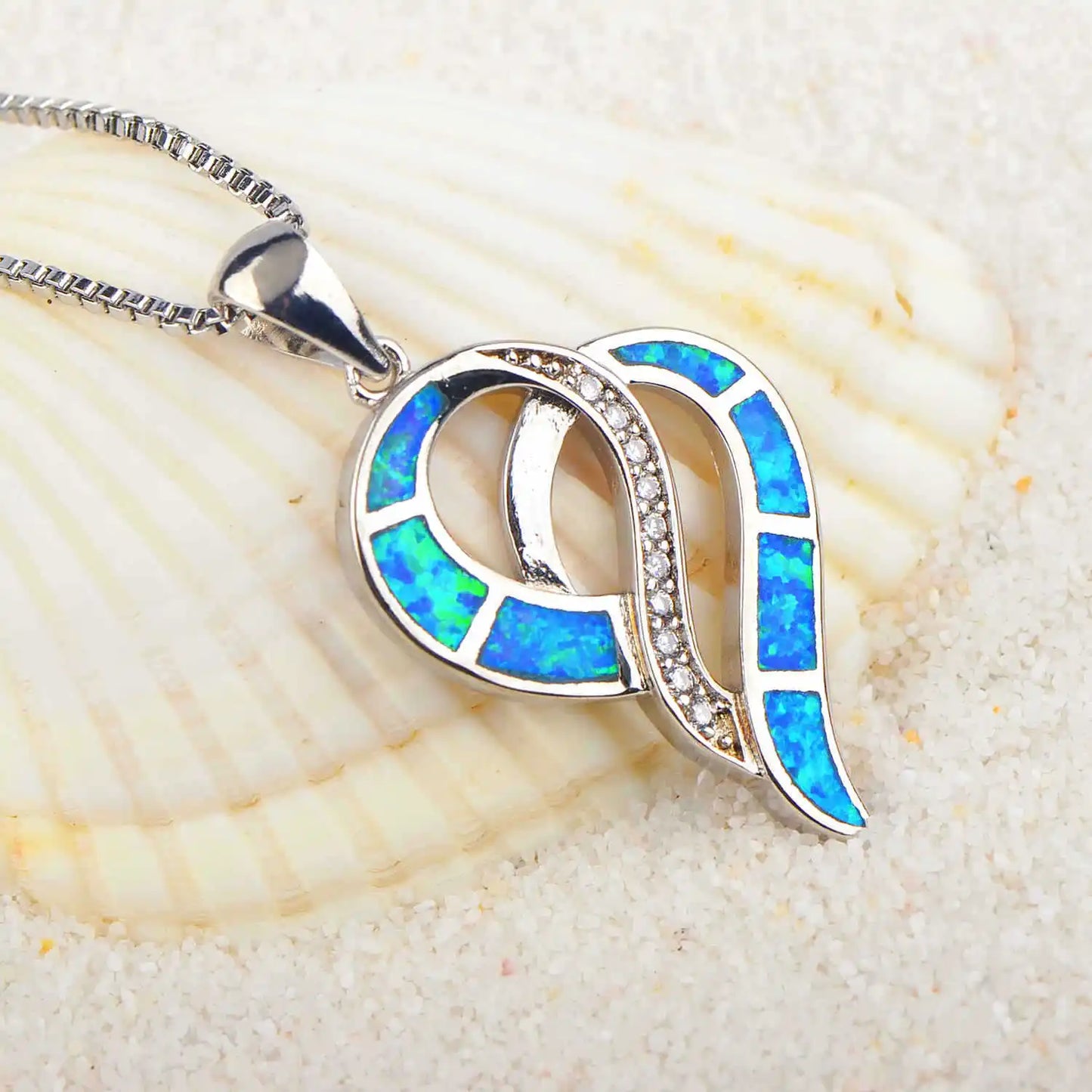 Aobao Copper Heart-shaped Pendant Necklace with Link Chain Silver Plated Inlaid Opal-Women's Gift Jewelry