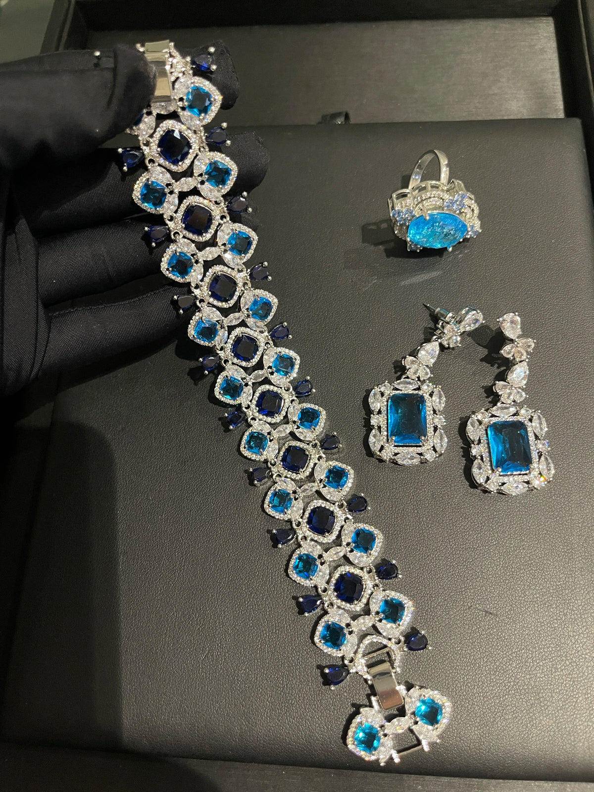 XOTICA TIANSHE Luxury Blue Gemstone Jewelry Long Drop Earrings Bracelet Ring 3Pcs Set Wedding Banquet for Women