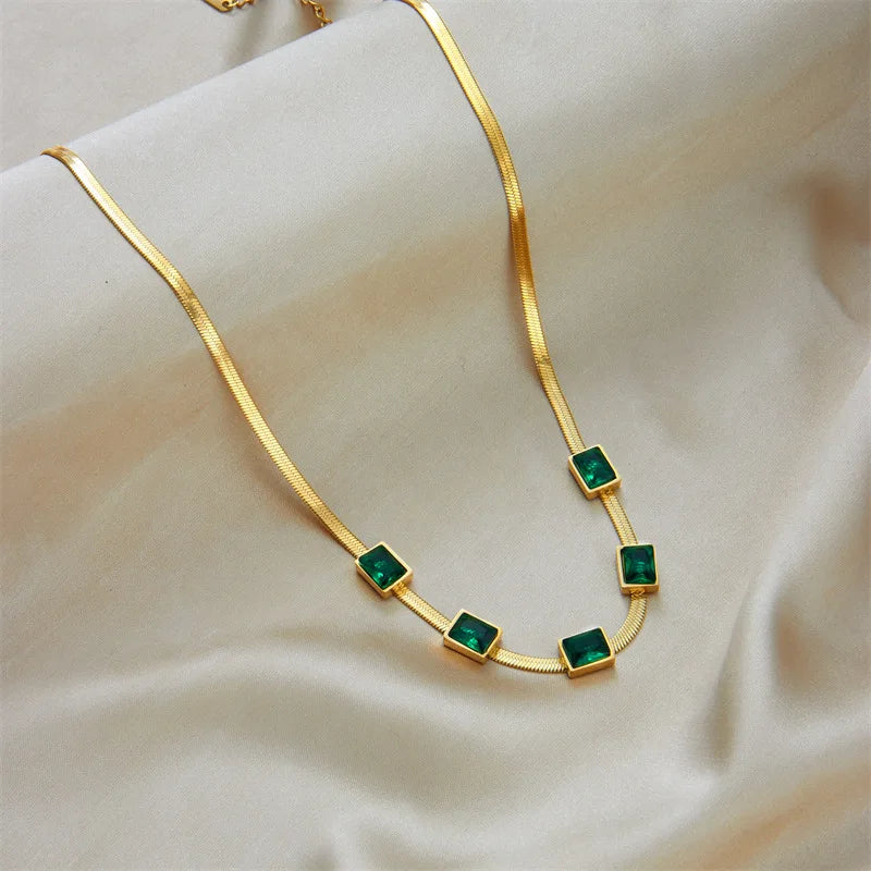 Gold Chain & Green Crystal Necklace & Bracelet Jewellery Set | Colour-Pop Luxury Fashion Set