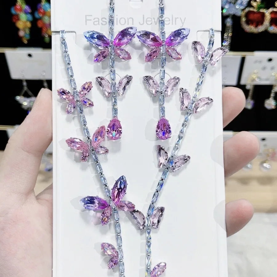 K050 High End European Fashion Luxury Exquisite Pink Zircon Butterfly Necklace and Earrings Set Women Classic Jewelry Set