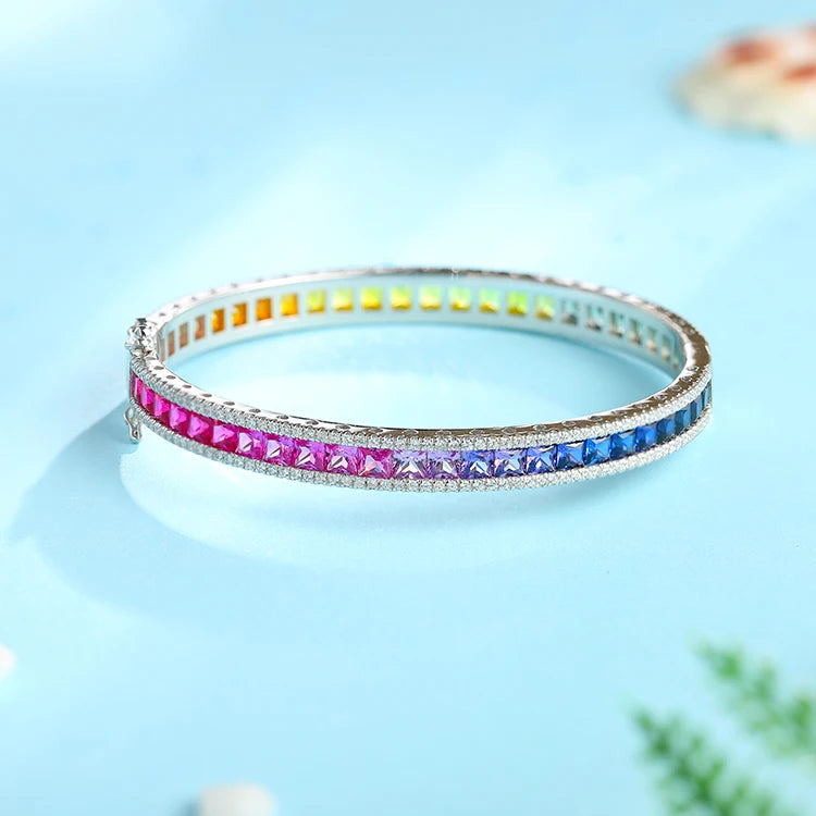 Gemfiori ANSTER Silver Bracelets 925 Sterling Women Colorful Rainbow CZ Corundum Bangle