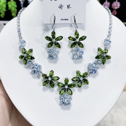 K077 High End Women Exquisite Luxurious Pink Flower Zircon Bridal Necklace Earrings Set Wedding Elegant Jewelry Set