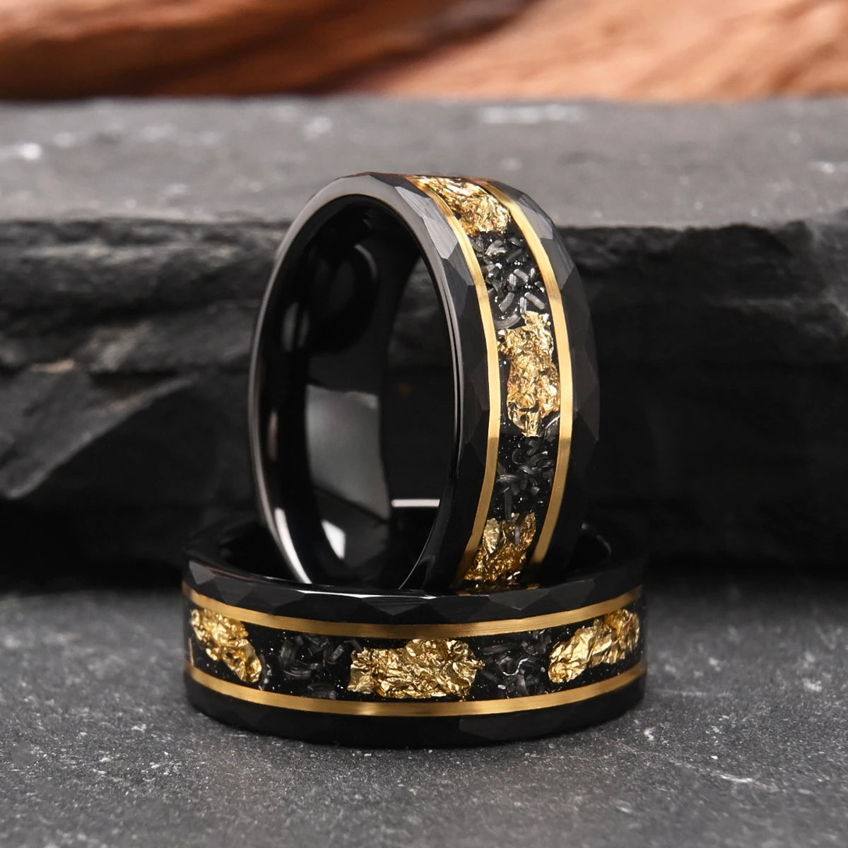 OAHLAN 8/6mm Faceted Black Tungsten Carbide Rings Meteorite Gold Foil Inlay Men Women Wedding Bands Engagement Matching Rings