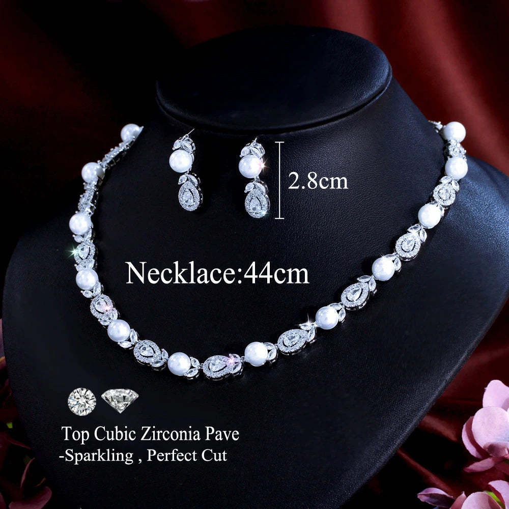 Dainty Leaf Shape Necklace and Earrings Cubic Zircon Imitation Pearl Bridal Jewelry Set for Women Wedding Gifts