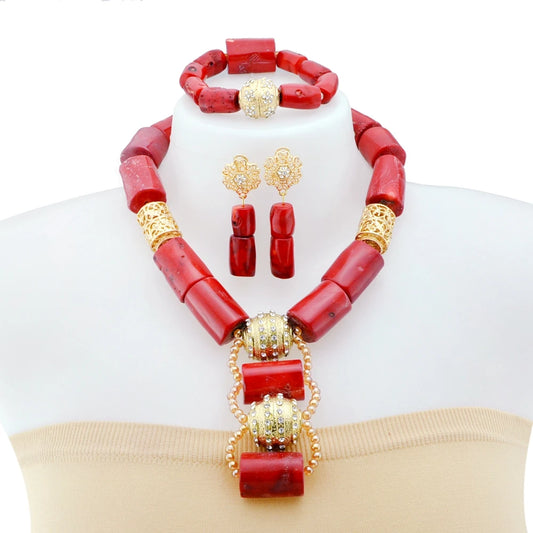Zhuerrui Elegant Red Coral Bead Jewelry Set Gold Plated Rose Design for African Wedding and Party Wear YL124