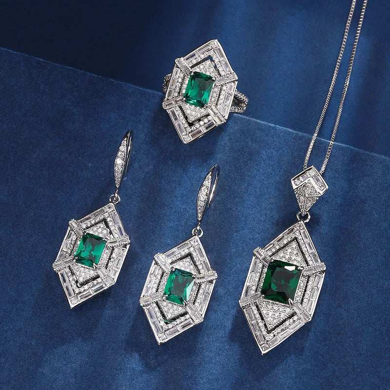 Gemfiori French Style Light Luxury Palace Emerald Zircon Pendant Ring Earrings Retro Niche Design Set