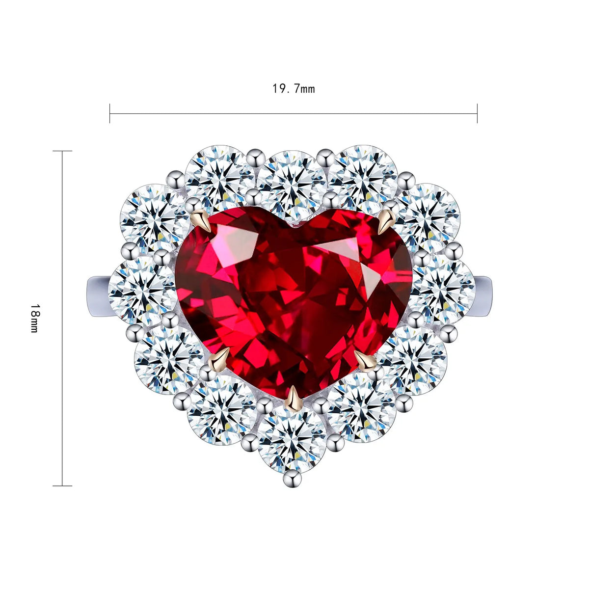 Gemfiori Lab Grown Ruby Heart Cut Engagement Ring Sterling Silver 925 Rhodium Plated Prong Setting Vintage Style Wedding Anniversary