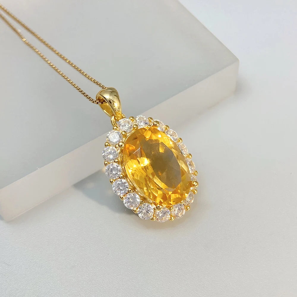 Gioiellieri 925 Sterling Silver Natural Citrine Pendant November Birthstone Yellow Gemstone Oval Cut Solitaire Necklace Chain Engagement
