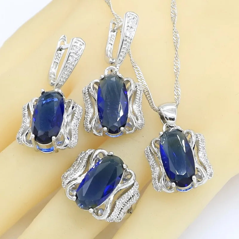XOTICA Blue Semi-Precious 925 Sterling Silver Jewellery Set for Women Wedding Bracelet Earrings Rings Necklace Pendant-for Party Gift