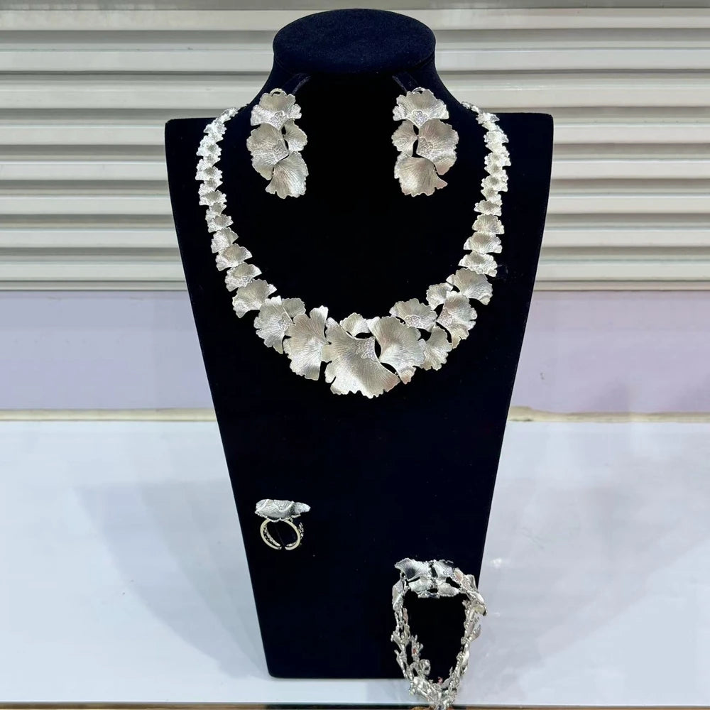 Zhuerrui Luxury Cubic Zirconia Jewelry Set American Diamond Flowers Jewelry Sets Necklace Bracelet Earrings Ring Jewellery Set