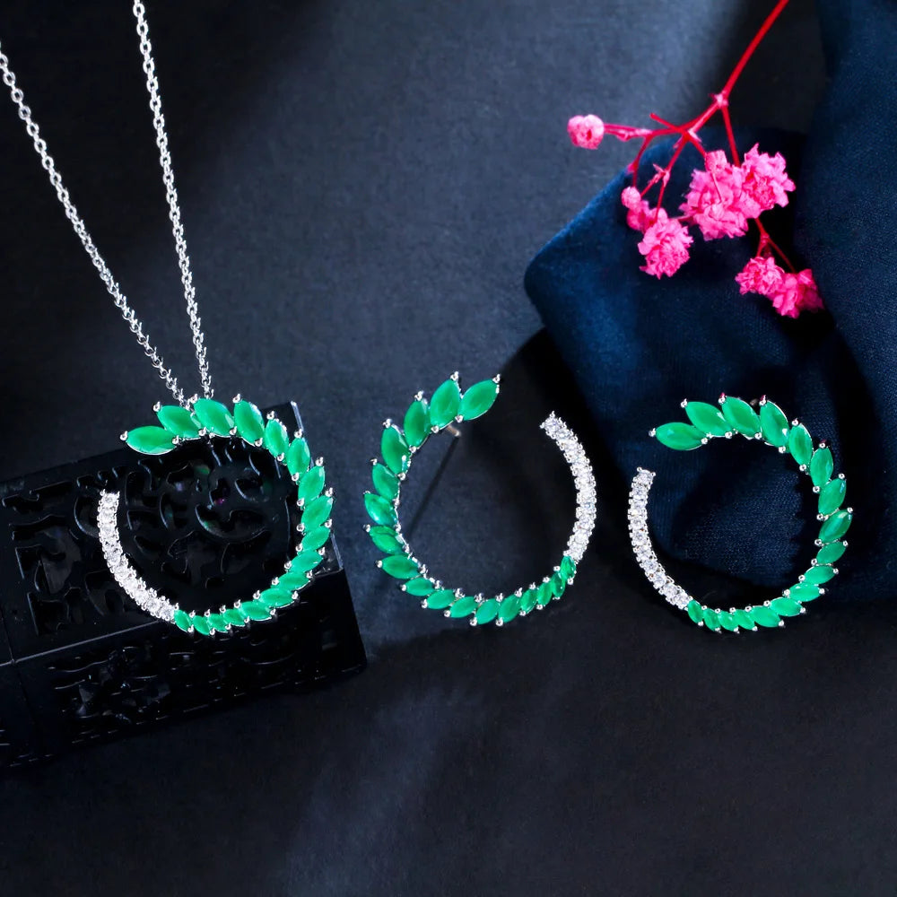 New Temperament Half Round Green Leaf Shaped Marquise Cut Cubic Zircon Crystal Stud Earrings and Necklace Jewelry Set for Women