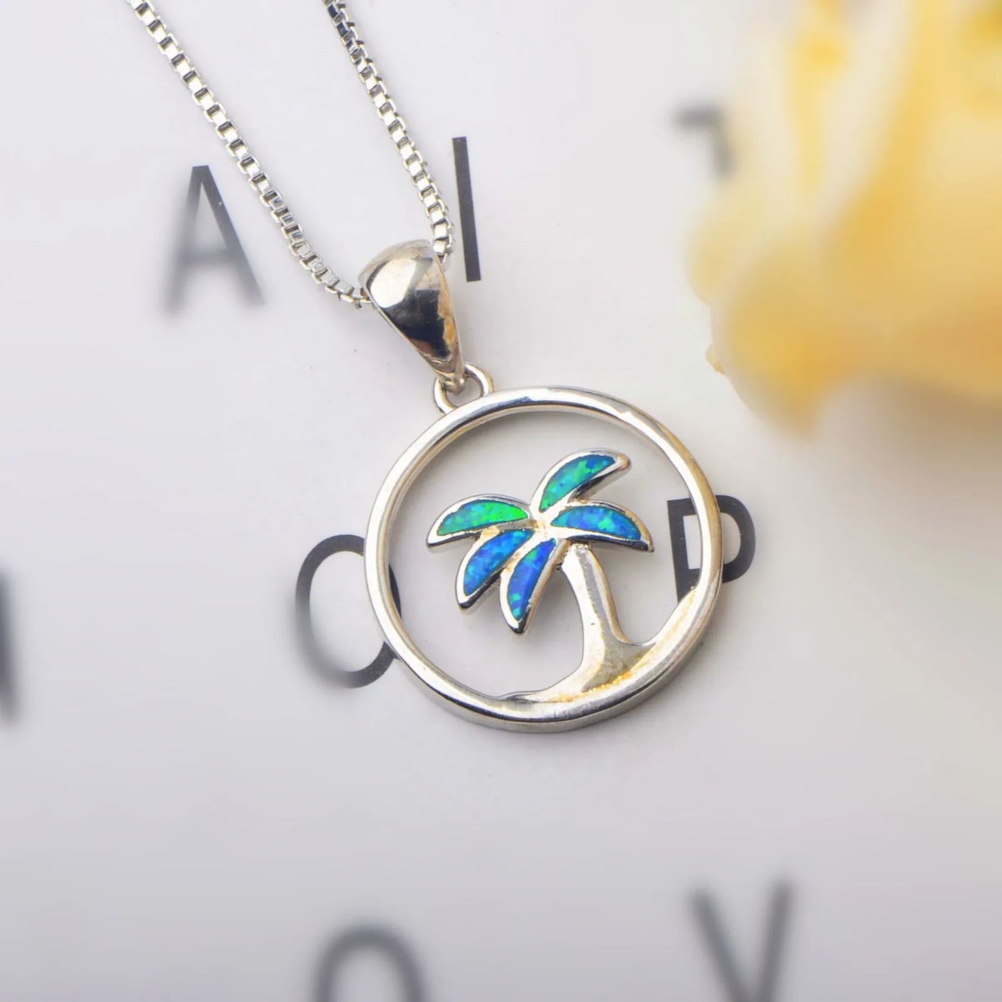 Blue Opal Inlaid Copper Silver Plated Christian Box Chain Plant Jewelry for Women Wholesale