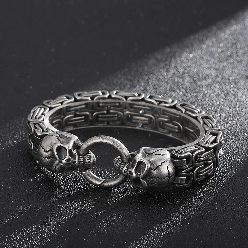 KALEN Mens 230mm Punk Stainless Steel Skull Charm Byzantine Link Bracelet