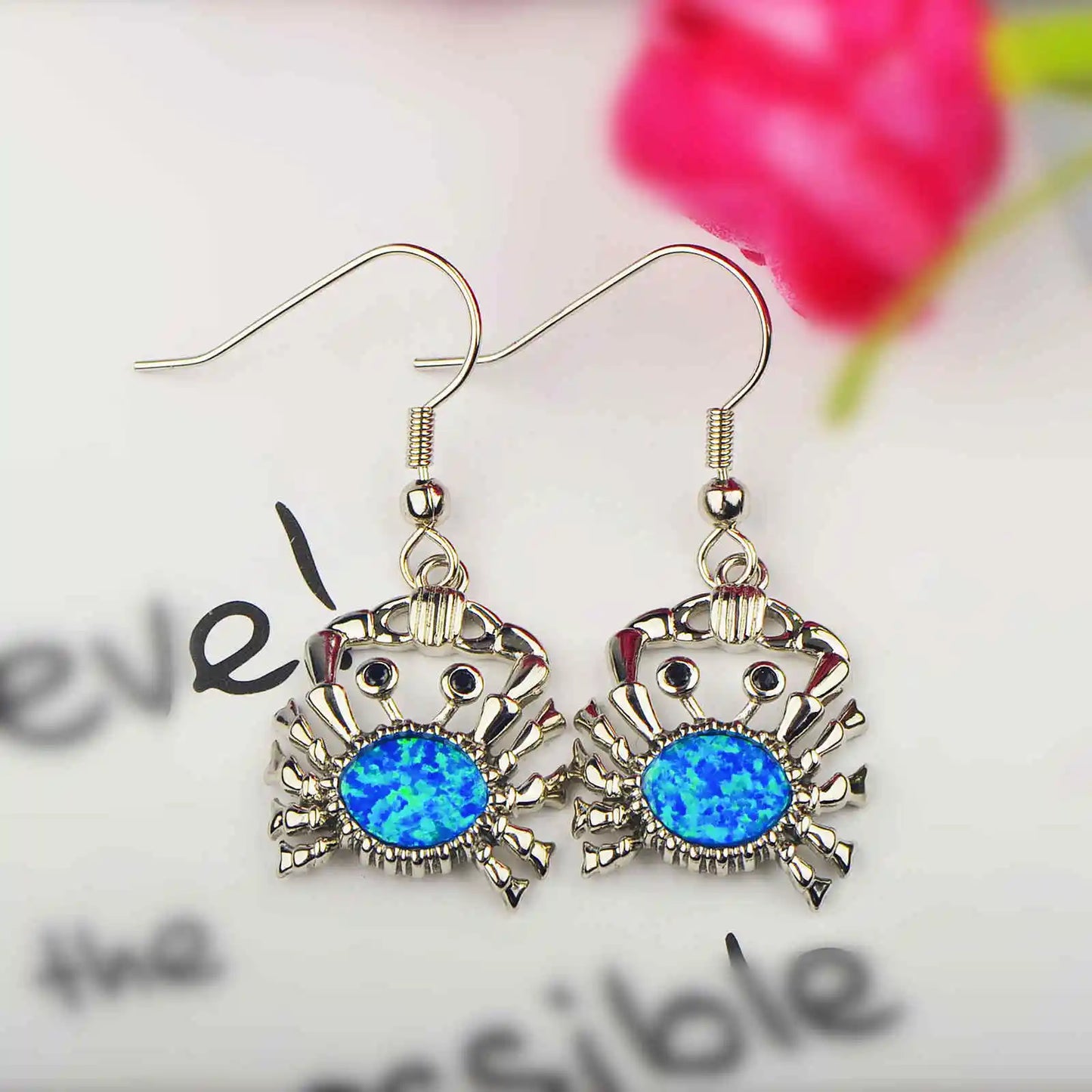 Whimsical Crab Opal Drop Earrings - Blue Fire Opal Center & Playful Seafood Design | Beach-Chic Daily Jewelry Bulk Gifts