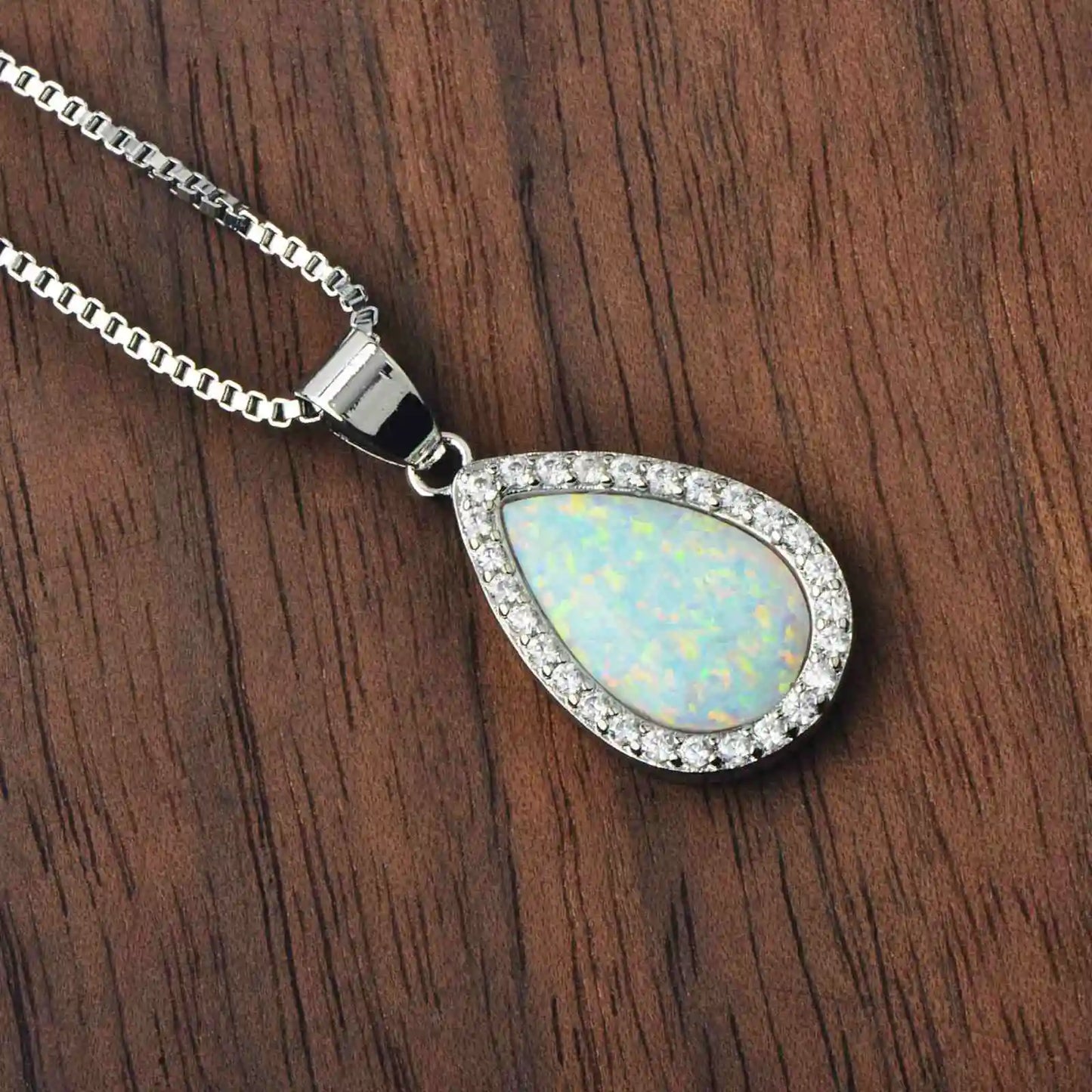 Aobao Vintage Natural Opal Inlaid Ellipse Silver Plated Pendant Necklace Party Jewelry for Women