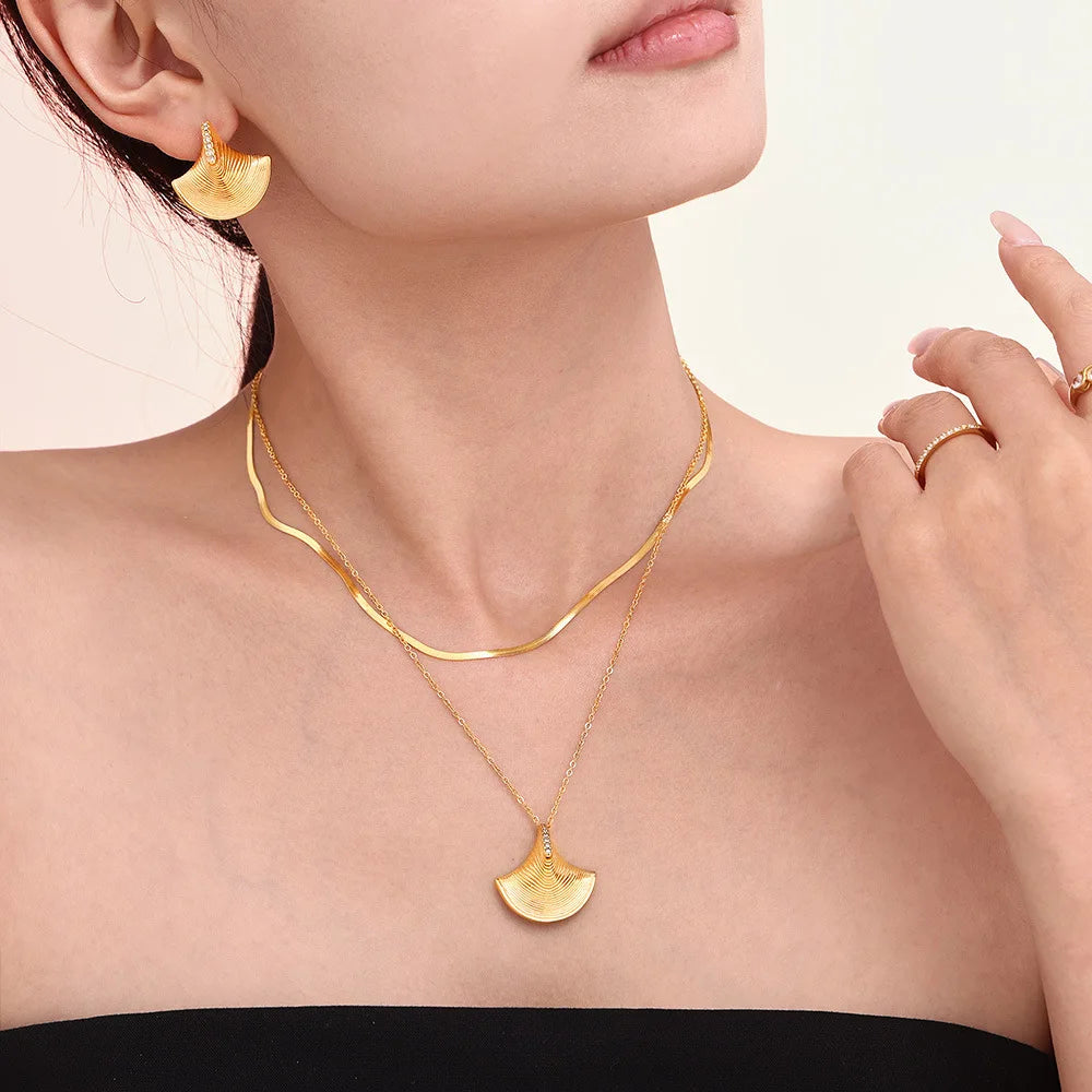 Vintage Geometric Zircon & Pearl Pendant Necklace & Earrings | Gold Plated Stainless Steel Fashion Set
