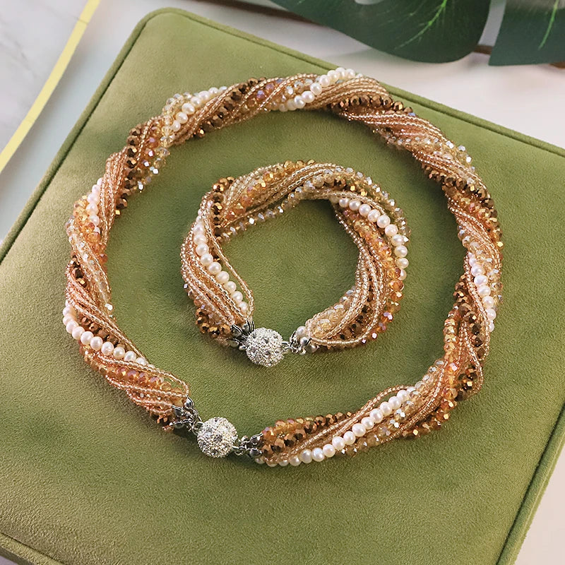 Natural Freshwater Pearl Khaki Glass Bead Jewelry Set for Women Wedding Banquet Party Dainty Pearl Jewelry Set Luxury Jewelry