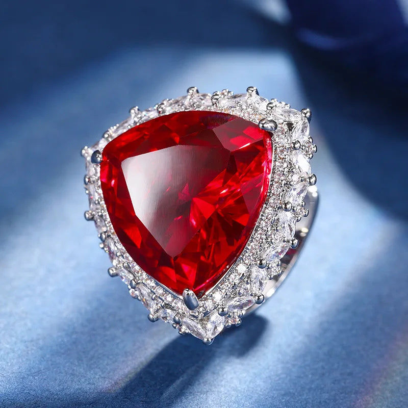 Gemfiori European and American Retro Palace Style Pomegranate Red Zircon Triangular Pendant Ring Earring Fashionable Accessory Set