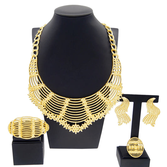 Zhuerrui 18k Pleated Personalized Necklace Bracelet Earrings Ring Jewelry Sets Italian Gold Plated Women's Jewelry Set H00533