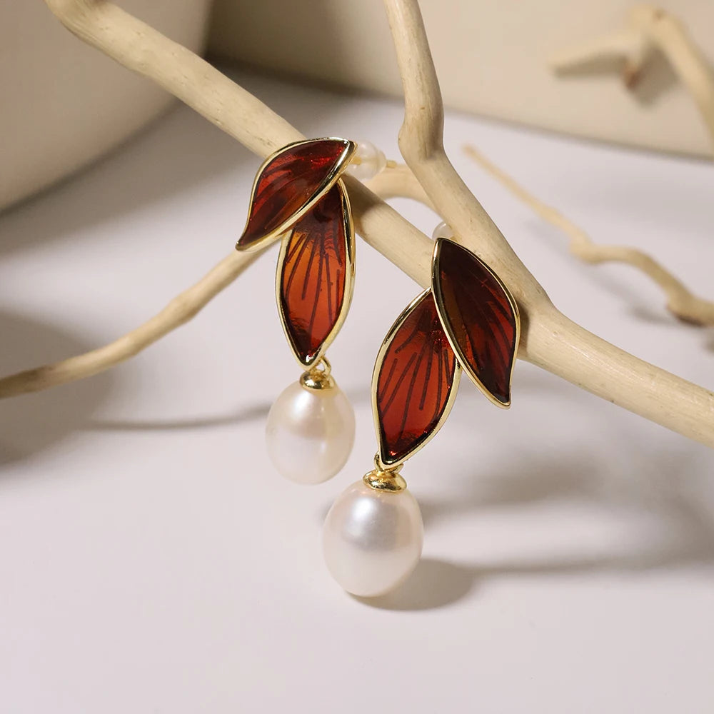 Natural Freshwater Pearl Red Double Leaf Earrings Korean Women's Luxury Jewelry Fashion Women's and Girls' Gifts GE1595
