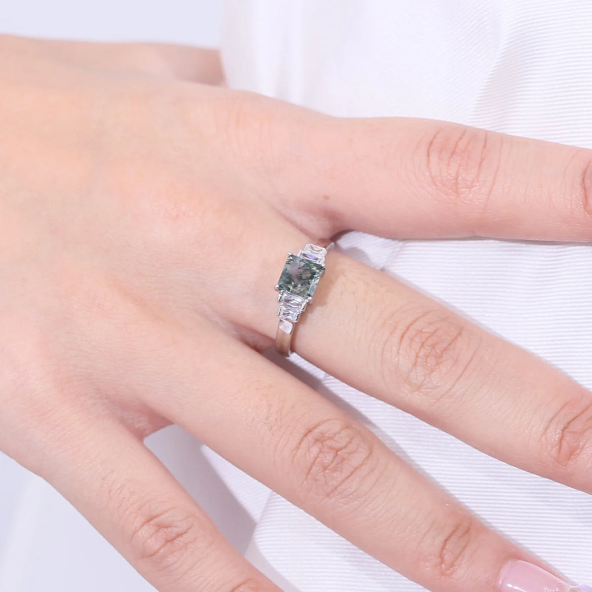 ArtistA F0343 Abiding Five Stone Design 925 Sterling Silver Princess Cut 6x6mm Natural Moss Agate Square Shape Engagement Ring
