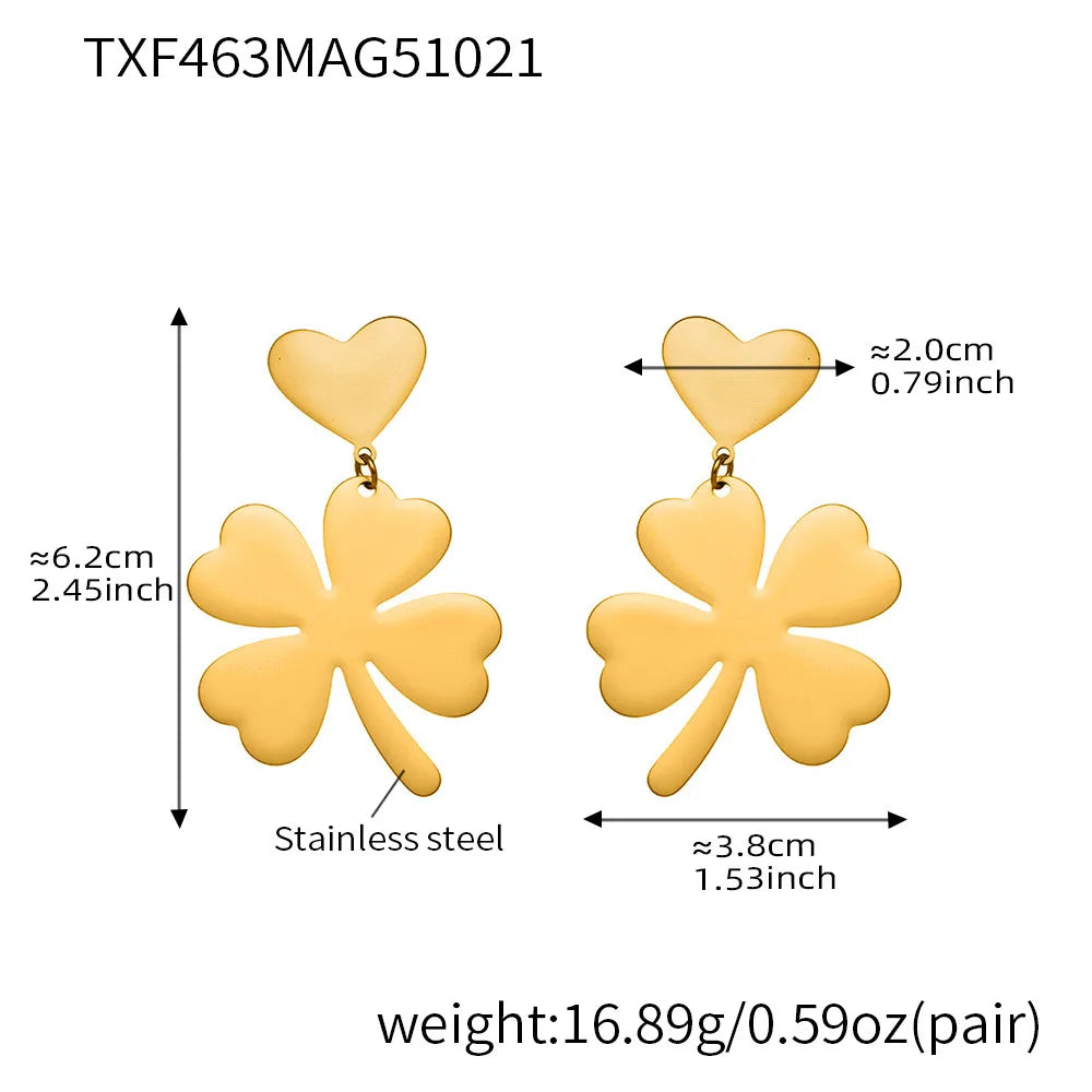 Lucky Four-Leaf Clover Sweater Chain Necklace, Earrings & Ring | Gold Plated Stainless Steel Jewellery Set
