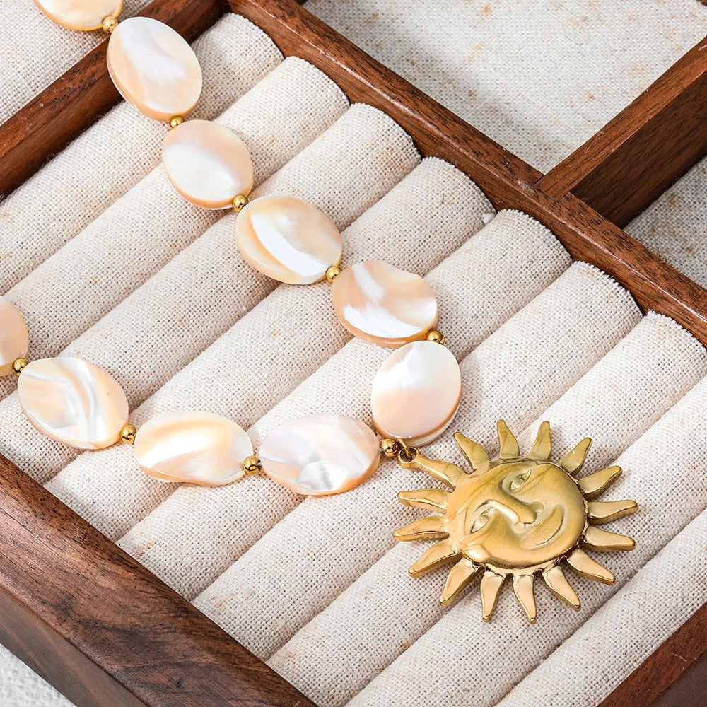 Joolim PVD Plated Wholesale Waterproof Fashion Boho Sun Face Pendant Natural Shell Bead Chain Necklace Stainless Steel Jewelry