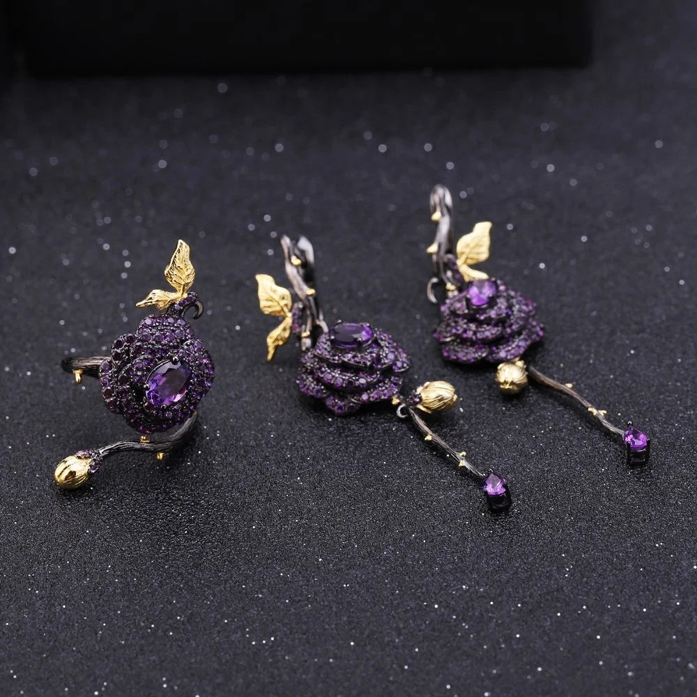 Abiding 925 Sterling Silver Jewellery Natural Amethyst Rose Flower Earrings Ring Jewelry Sets for Women Bijoux